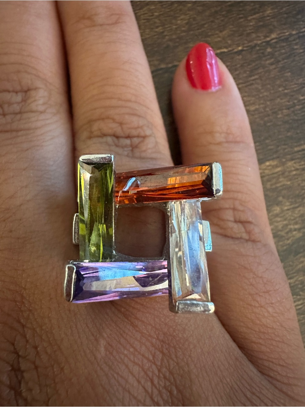 Multi-Gemstone Square Statement Ring - Green, Orange, Purple, Clear
